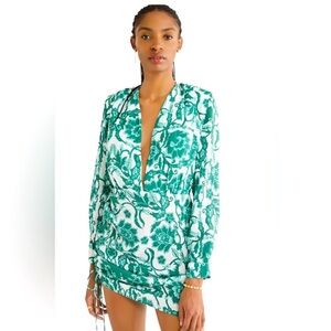 Rumer The Label Bodhi Shirt Dress Mini Green Floral Long Sleeve Deep V Ruched XS